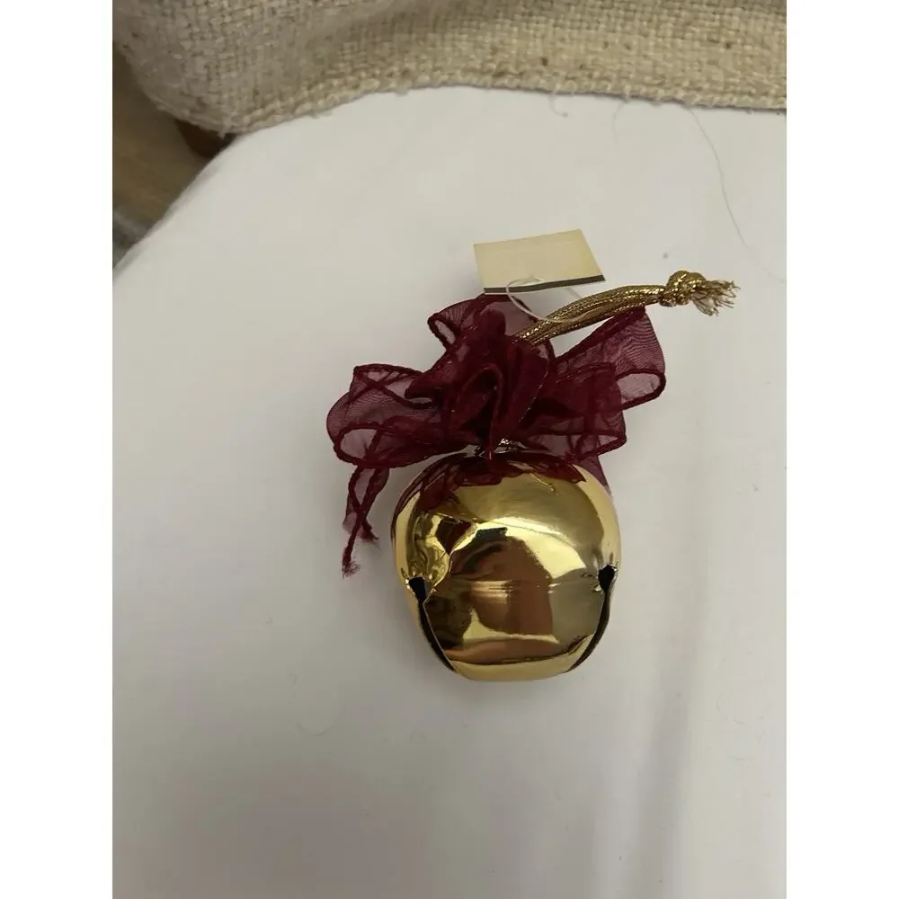 NWT Pottery Barn Jingle Bell Gold Brass With Red Bow Ornament 3